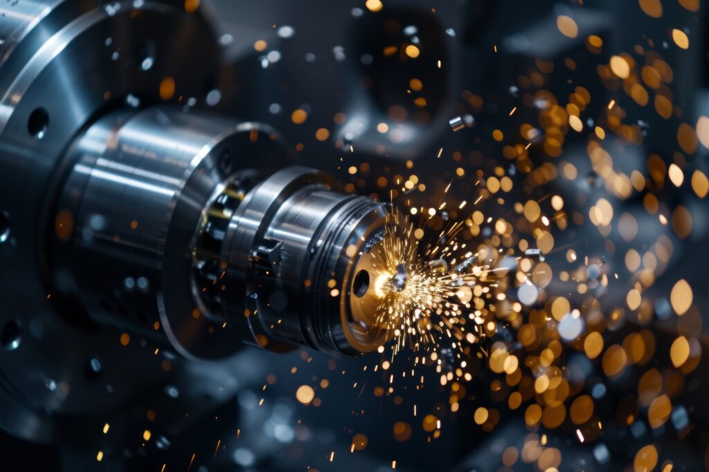 Sparks flying from live tooling during CNC turning at Neo Industries Corp