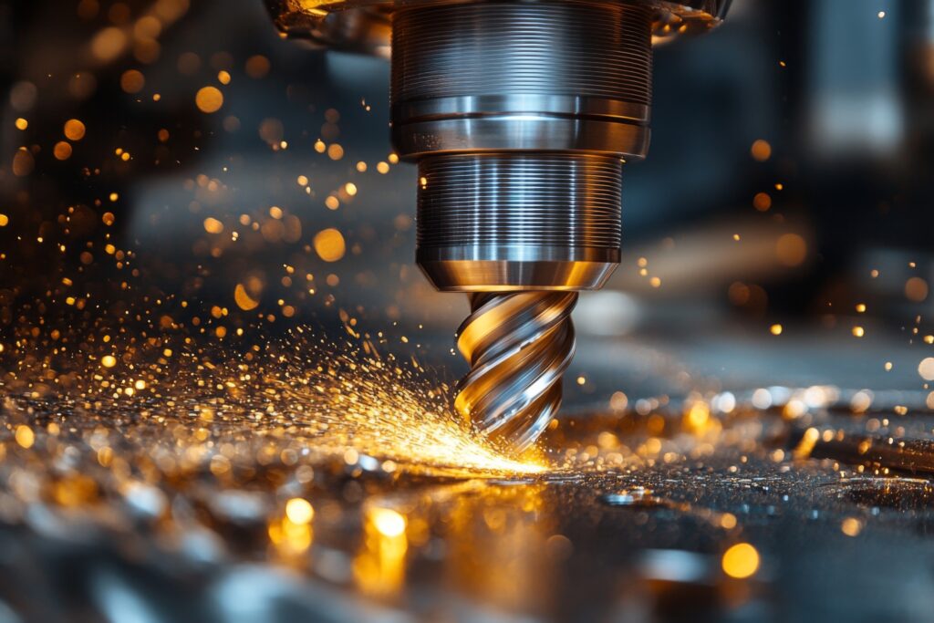 CNC end mill cutting into metal with sparks flying at Neo Industries Corp